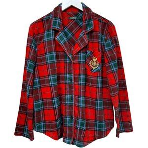 LAUREN Ralph Lauren Fleece Pajama Top Medium Red Plaid Holiday Cozy Shirt Preppy